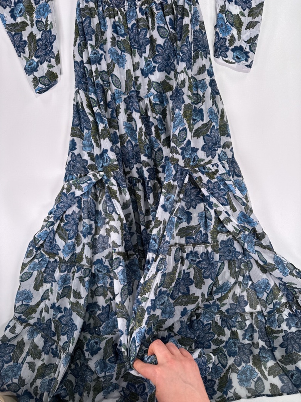 MISA Los Angeles Vida Maxi Dress Smocked Floral Lurex Blue Green L - Picture 7 of 16